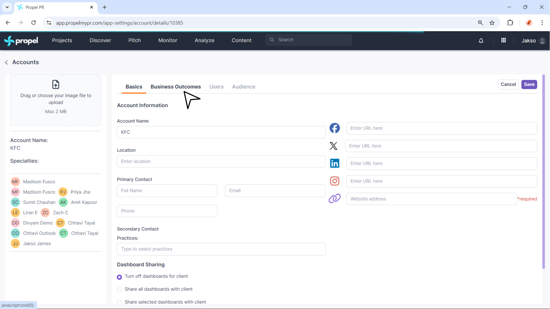 Business outcomes tab screenshot